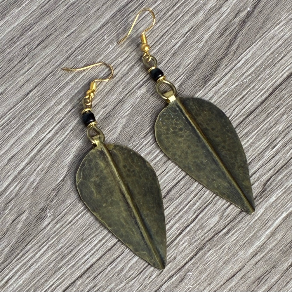 Antique Brass Leaf Drop Earrings - Women Jewelry